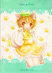 Rule 34 | 1girl, animal ears, bad id, bad pixiv id, brown hair, cat ears, cat girl, cat tail, character name, chen, dress, earrings, emo (artist), emo (mikan), female focus, full body, hat, jewelry, multiple tails, orange eyes, paw pose, ribbon, short hair, solo, tail, tail ornament, tail ribbon, touhou