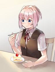 Rule 34 | 1girl, blue eyes, cake, chair, commentary request, dress shirt, eating, food, fork, fruit, grey vest, highres, kantai collection, neck ribbon, pink hair, ponytail, red ribbon, ribbon, school uniform, shiranui (kancolle), shiranui kai ni (kancolle), shirt, short hair, short sleeves, solo, strawberry, strawberry shortcake, u yuz xx, upper body, vest, white shirt