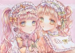 Rule 34 | 0527 ice, 2girls, blonde hair, blue eyes, bow, ear piercing, earrings, frilled bow, frilled headband, frilled ribbon, frills, gem, green bow, green eyes, hair bow, highres, jewelry, lolita fashion, long hair, looking at viewer, looking back, multicolored eyes, multiple girls, nail polish, orange bow, original, pearl (gemstone), piercing, pink background, pink bow, pink hair, pink nails, ribbon, ring, traditional media, twintails, upper body, yellow eyes