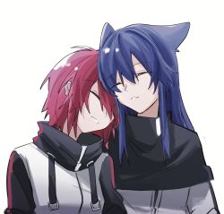 Rule 34 | 2girls, animal ears, arknights, black capelet, blue hair, capelet, chinese commentary, commentary request, exusiai (arknights), closed eyes, hibioes, highres, jacket, multiple girls, parted lips, raglan sleeves, red hair, short hair, sleeping, sleeping on person, texas (arknights), white jacket, wolf ears, wolf girl