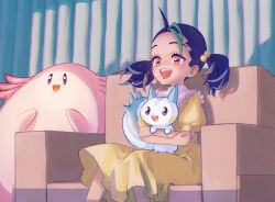 Rule 34 | 1girl, :d, aged down, armchair, beads, chair, chansey, commentary request, creatures (company), dress, eyelashes, frills, game freak, gen 1 pokemon, gen 4 pokemon, green hair, hair beads, hair ornament, highres, holding, holding pokemon, indoors, kyu kei, multicolored hair, nemona (pokemon), nintendo, on lap, open mouth, orange eyes, pachirisu, pokemon, pokemon (creature), pokemon on lap, pokemon sv, short sleeves, short twintails, sitting, smile, teeth, tongue, twintails, two-tone hair, upper teeth only, yellow dress