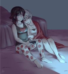 Rule 34 | 2girls, absurdres, arm hug, barefoot, bed, bedroom, black hair, blanket, blonde hair, carpet, collarbone, controller, couple, cuddling, closed eyes, floral print, full body, game console, highres, indoors, jewelry, multiple girls, murasaki-yuri, necklace, playing games, ruby rose, rwby, side-by-side, signature, sitting, sleeping, sleeping on person, sleeping upright, toes, weiss schnee, xbox, yuri