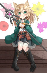 Rule 34 | 1girl, animal ear fluff, animal ears, arknights, black footwear, black skirt, blush, boots, bow, brown hair, closed mouth, commentary request, floral background, flower, frilled skirt, frills, full body, green eyes, green jacket, hair between eyes, holding, holding weapon, jacket, knee boots, long hair, long sleeves, open clothes, open jacket, orange bow, orb, pink flower, pleated skirt, podenco (arknights), puffy long sleeves, puffy sleeves, purple flower, red flower, see-through, shirt, sills, simple background, skirt, smile, solo, thigh strap, weapon, white background, white shirt, yellow flower