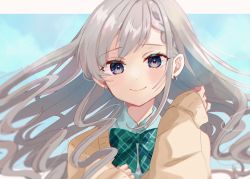 Rule 34 | 1girl, asymmetrical bangs, blush, bow, bowtie, cardigan, earrings, green bow, green bowtie, grey hair, highres, hisakawa hayate, idolmaster, idolmaster cinderella girls, idolmaster cinderella girls starlight stage, jewelry, letterboxed, long hair, looking at viewer, rino cnc, school uniform, sleeves past wrists, smile, solo, upper body, very long hair, wavy hair, yellow cardigan