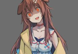 Rule 34 | 1girl, animal ears, bone hair ornament, brown eyes, brown hair, cartoon bone, collar, dog ears, dog girl, dress, glowing, glowing eyes, grey background, hair ornament, hairclip, haruhito, head tilt, highres, hololive, inugami korone, inugami korone (1st costume), off-shoulder jacket, off shoulder, open mouth, shaded face, simple background, solo, upper body, virtual youtuber, white dress