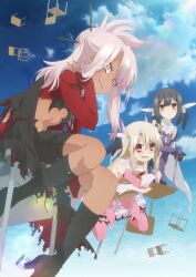 Rule 34 | 3girls, artist request, black footwear, black hair, black shorts, blonde hair, boots, bridal gauntlets, brown eyes, chair, chloe von einzbern, cloud, cloudy sky, commentary request, dark-skinned female, dark skin, day, desk, detached sleeves, fate/kaleid liner prisma illya, fate (series), feather hair ornament, feathers, gloves, hair ornament, hair ribbon, high heel boots, high heels, illyasviel von einzbern, kneehighs, knees, long hair, looking at viewer, magical girl, midriff, miyu edelfelt, multiple girls, official art, on desk, open mouth, parted lips, pink feathers, pink hair, prisma illya, purple feathers, red eyes, ribbon, school chair, school desk, short hair, shorts, sitting, on desk, sky, socks, stomach, thighhighs, thighs, twintails, underwear, white gloves, white ribbon