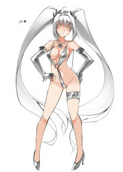 Rule 34 | 1girl, ahoge, bare shoulders, blush, color guide, contrapposto, crotch strap, earrings, elbow gloves, fingerless gloves, full body, gloves, gradient hair, grey footwear, grey gloves, grey hair, grey one-piece swimsuit, high heels, jewelry, legband, long hair, looking at viewer, monster hunter (series), multicolored hair, navel, o-ring, o-ring swimsuit, ohta yuichi, one-piece swimsuit, orange eyes, parted lips, personification, rathalos, silver rathalos, simple background, slingshot swimsuit, slit pupils, solo, standing, swimsuit, twintails, very long hair, white background