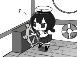 Rule 34 | 1girl, chibi, commentary request, eighth note, fubuki (kancolle), full body, greyscale, hat, kantai collection, karin., kneehighs, lifebuoy, long hair, low ponytail, lowres, monochrome, musical note, parody, peaked cap, ponytail, school uniform, serafuku, ship&#039;s wheel, short ponytail, socks, solid circle eyes, solo, standing, steamboat willie, swim ring