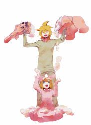 Rule 34 | 1boy, 1girl, blonde hair, blue eyes, brother and sister, hair ribbon, kagamine len, kagamine rin, ribbon, short hair, siblings, simple background, stuffed animal, stuffed toy, twins, una (mazinger), vocaloid