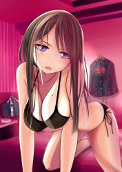 Rule 34 | 1girl, all fours, ashtray, bad id, bad pixiv id, bag, black bra, black jacket, black panties, blurry, blurry background, bra, breasts, brown eyes, brown hair, butt crack, cigarette, cleavage, clothes hanger, unworn clothes, collarbone, commentary request, curtains, head tilt, highres, indoors, jacket, large breasts, long hair, long sleeves, looking at viewer, love hotel, mole, mole on breast, on bed, open mouth, original, panties, red neckwear, school bag, school uniform, side-tie panties, solo, table, underwear, underwear only, zakuro0508