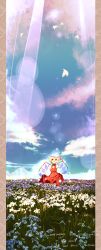 Rule 34 | 1girl, absurdres, blonde hair, cloud, english text, engrish text, female focus, field, fk, flandre scarlet, flower, flower field, highres, lens flare, long image, nature, outdoors, ranguage, red eyes, sky, solo, tall image, embodiment of scarlet devil, touhou, wings