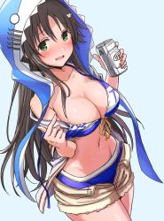 Rule 34 | 1girl, alcohol, bare shoulders, beer, beer can, bikini, bikini pull, bikini under clothes, blue background, blue bikini, blush, breasts, brown hair, can, casual, cleavage, clothes pull, covered erect nipples, drink can, fang, green eyes, groin, hair between eyes, hair ornament, hairclip, highres, himekawa yuki, hood, hood up, idolmaster, idolmaster cinderella girls, jacket, large breasts, long hair, long sleeves, looking at viewer, midriff, open clothes, open mouth, short shorts, shorts, simple background, solo, starheart, stomach, strap pull, swimsuit, thighs, tongue, untied bikini