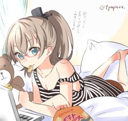 Rule 34 | 10s, 1girl, alternate costume, aqua eyes, bare shoulders, barefoot, bespectacled, brown hair, casual, chips (food), computer, eating, food, glasses, kantai collection, kumano (kancolle), laptop, lying, natsupa, on stomach, ponytail, potato chips, solo, strap slip, stuffed animal, stuffed toy, teddy bear