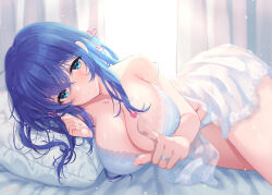 Rule 34 | 1girl, awayuki ramika, babydoll, bed sheet, blue eyes, blue hair, blush, bra, breasts, caeda (fire emblem), cleavage, collarbone, commission, curtains, fire emblem, fire emblem: mystery of the emblem, fire emblem: shadow dragon, heart, jewelry, large breasts, long hair, looking at viewer, lying, nintendo, on bed, on side, panties, pillow, ring, see-through, skeb commission, smile, solo, underwear, underwear only, white babydoll, white bra, white panties