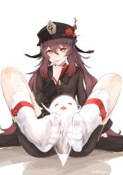 Rule 34 | 1girl, artist name, bead bracelet, beads, black shorts, blush, bracelet, brown hair, closed eyes, fang, feet, finger to mouth, foot focus, footjob, foreshortening, genshin impact, ghost, hat, highres, hu tao (genshin impact), jewelry, kino shay, long hair, long sleeves, looking at viewer, multicolored hair, nail polish, open mouth, red eyes, red hair, red nails, ring, sexually suggestive, shorts, smile, socks, spread legs, symbol-shaped pupils, toes, top hat, twintails, two-tone hair