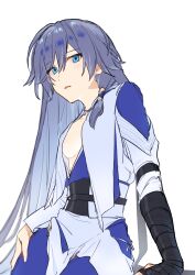 Rule 34 | 1girl, absurdres, arm support, blue eyes, blue pants, breasts, chinese clothes, fu hua, fu hua (azure empyrea), fu hua (taixuan impression), gloves, grey hair, hair between eyes, hand on own thigh, highres, honkai (series), honkai impact 3rd, long hair, long sleeves, medium breasts, official alternate costume, pants, parted lips, simple background, single glove, solo, upper body, vx7bj, white background