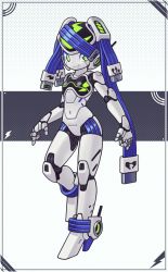 Rule 34 | 1girl, android, arms at sides, blue hair, breasts, bright pupils, cable, commentary, english commentary, full body, green eyes, hair over one eye, high heels, highres, humanoid robot, joints, looking at viewer, lordyanyu, original, robot, robot joints, small breasts, smile, solo, white pupils