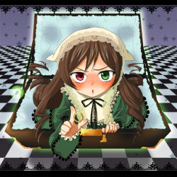 Rule 34 | 00s, 1girl, :o, angry, asami, blush, bow, box, brown hair, checkered floor, dress, drill hair, floor, frills, from above, gift, green eyes, hat, heterochromia, holding, holding gift, in box, in container, jewelry, lace, letterboxed, lolita fashion, long hair, looking at viewer, open mouth, red eyes, ring, rozen maiden, solo, star (symbol), suiseiseki, treasure chest, vanishing point, very long hair