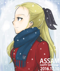 10s 1girl 2016 assam_(girls_und_panzer) black_bow blonde_hair bow character_name dated english_text female_focus girls_und_panzer happy_birthday mutsu_(layergreen) ponytail profile scarf smile snow solo winter