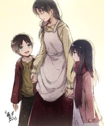 Rule 34 | 1boy, 2girls, apron, black hair, brown hair, carla yeager, child, daphine78805, eren yeager, closed eyes, green eyes, holding hands, jacket, long hair, looking at another, low-tied long hair, mikasa ackerman, mother and son, multiple girls, open mouth, pants, scarf, shingeki no kyojin, shirt, short hair, skirt, smile, aged down