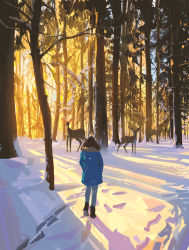 Rule 34 | 1girl, blue coat, boots, brown footwear, brown hair, coat, commentary, day, deer, english commentary, footprints, forest, fur-trimmed coat, fur trim, highres, nature, original, outdoors, pants, shadow, sky, snatti, snow, standing, tree, winter