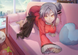 Rule 34 | 1girl, absurdres, all fours, asymmetrical sleeves, black bow, blurry, boat, bow, breasts, building, china dress, chinese clothes, closed mouth, couch, crawling, cushion, depth of field, dress, floral print, grey hair, hair bun, highres, indoors, kelang, long sleeves, ping hai (warship girls r), red dress, single hair bun, smile, solo, uneven sleeves, warship girls r, watercraft, wide sleeves, window, yellow eyes