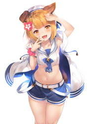 Rule 34 | 1girl, :3, animal ears, arm up, belt, blonde hair, blouse, blue shorts, blush, breasts, crop top, dog ears, dog girl, dog tail, feet out of frame, flower, granblue fantasy, hair flower, hair ornament, hand up, hat, highres, jacket, looking at viewer, mayusaki yuu, midriff, navel, open mouth, sailor collar, scrunchie, shirt, short hair, shorts, simple background, sleeveless, sleeveless jacket, sleeveless shirt, small breasts, solo, tail, teeth, tongue, v over mouth, vajra (granblue fantasy), vajra (summer) (granblue fantasy), white background, white hat, white jacket, white shirt, wrist scrunchie, yellow eyes