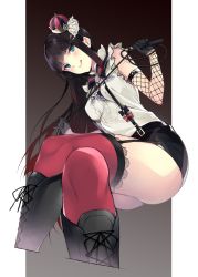 Rule 34 | 1girl, :q, absurdres, black background, black footwear, black gloves, boots, crossed legs, crown, fishnets, garter straps, gloves, gradient background, hario 4, highres, holding, holding whip, knee boots, kurosawa dia, lace, lace-trimmed thighhighs, lace trim, legs, love live!, love live! sunshine!!, mole, mole under mouth, red thighhighs, solo, thighhighs, thighs, tongue, tongue out, whip