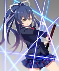 Rule 34 | 1girl, blazer, blue hair, bow, bowtie, commentary request, cowboy shot, fighting stance, hair between eyes, holding, holding sword, holding weapon, jacket, katana, long hair, long sleeves, looking at viewer, love live!, love live! school idol project, muse loss, open mouth, otonokizaka school uniform, plaid, plaid skirt, pleated skirt, ponytail, ready to draw, red bow, red bowtie, school uniform, sheath, sheathed, skirt, solo, sonoda umi, standing, striped bow, striped bowtie, striped clothes, striped neckwear, sword, weapon, yellow eyes
