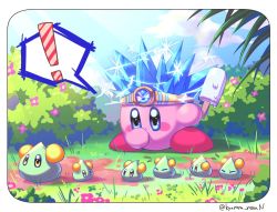 Rule 34 | !, 1boy, = =, alien, aoi rena, artist name, blue eyes, blue hair, bush, covering own mouth, electricity, flower, food, hand over own mouth, holding, holding food, kirby, kirby (series), looking down, nintendo, no humans, popsicle, slime (creature), spark kirby
