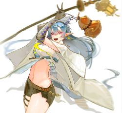 Rule 34 | 1girl, :d, arknights, arms up, black shorts, blue hair, breasts, commentary, cowboy shot, crop top, elbow gloves, gloves, gourd, grey gloves, hair between eyes, highres, holding, horns, lantern, large breasts, ling (arknights), long hair, looking at viewer, midriff, navel, open mouth, pointy ears, purple eyes, shirt, short shorts, shorts, shuishitidu, simple background, smile, solo, standing, stomach, thighs, white background, white shirt