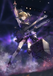 Rule 34 | 1girl, arm up, armlet, armpits, black dress, black gloves, blurry, blurry background, brown hair, character request, dress, fingerless gloves, floating hair, gloves, grey thighhighs, guitar, highres, holding, holding instrument, idol, index finger raised, instrument, medium hair, short dress, sleeveless, sleeveless dress, solo, stage, standing, swd3e2, thighhighs, two side up