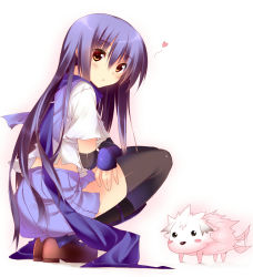 Rule 34 | 10s, 1girl, :o, angel beats!, black thighhighs, blush stickers, chibi-moth, company connection, crossover, dog, full body, heart, key (company), kuwashima rein, loafers, long hair, looking back, rewrite, scarf, school uniform, shiina (angel beats!), shoes, simple background, solo, squatting, tail, tail wagging, thighhighs