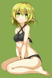 Rule 34 | 1girl, bare shoulders, barefoot, between legs, blonde hair, breasts, covered erect nipples, criss-cross halter, full body, green background, green eyes, hair between eyes, halterneck, hand between legs, medium breasts, minamura haruki, mizuhashi parsee, pointy ears, simple background, sitting, solo, touhou, v arms, wariza