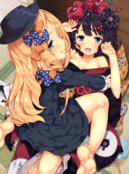 Rule 34 | 2girls, abigail williams (fate), bare shoulders, black bow, black dress, black headwear, blonde hair, blue eyes, blush, bow, breasts, cleavage, closed mouth, collarbone, dress, fate/grand order, fate (series), feet, flower, forehead, girl on top, hair bow, hair flower, hair ornament, hairpin, highres, japanese clothes, katsushika hokusai (fate), kimono, licking lips, long hair, long sleeves, looking at viewer, looking back, lying, medium breasts, multiple girls, off shoulder, on back, open mouth, orange bow, parted bangs, polka dot, polka dot bow, purple hair, purple kimono, ribbed dress, smile, soles, straddling, thighs, tongue, tongue out, tries, wide sleeves, yuri