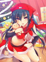 Rule 34 | 1girl, 6+others, angel beats!, bandana, blue hair, box, cat, christmas, christmas tree, commentary request, cowboy shot, forehead protector, fur-trimmed skirt, fur trim, gift, gift box, highres, long hair, looking at viewer, midriff, multiple others, navel, official art, open mouth, red curtains, red eyes, red headwear, red skirt, satomi yoshitaka, scarf, shiina (angel beats!), skirt, sparkle, standing
