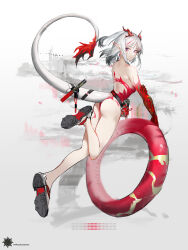 Rule 34 | 1girl, absurdres, arknights, artist name, ass, bare back, bare shoulders, breasts, colored skin, dragon girl, dragon tail, highres, horns, long hair, mackia, medium breasts, multicolored hair, nian (arknights), pointy ears, purple eyes, red innertube, red skin, smile, solo, streaked hair, swimsuit, tail, white hair