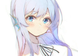 Rule 34 | 1girl, alister, blue hair, blush, breasts, chinese commentary, collared shirt, doris (hololive), fins, head fins, head tilt, hololive, hololive china, looking at viewer, medium breasts, portrait, shirt, solo, upper body, virtual youtuber, white background, white shirt