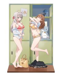 2girls ahoge alisa_mikhailovna_kujou bag barefoot bikini black_skirt blue_eyes blush bow bow_bikini breasts brown_eyes brown_hair bygin choker clothes_lift frilled_bikini frills grey_hair hair_between_eyes hair_ornament highres large_breasts locker long_hair long_sleeves looking_at_another looking_down mariya_mikhailovna_kujou multiple_girls navel pink_bow pleated_skirt red_bikini red_choker red_ribbon ribbon shirt shirt_lift short_sleeves siblings simple_background sisters skirt standing stuffed_animal stuffed_cat stuffed_toy sweatdrop swimsuit toes tokidoki_bosotto_roshia-go_de_dereru_tonari_no_alya-san undressing unworn_skirt white_background white_shirt yellow_bikini yellow_bow