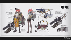 Rule 34 | 1girl, artist request, breasts, chainsaw, gas tank, grapple gun, grappling hook, highres, large breasts, long hair, mechanical arms, mist sequence, oversized clothes, pants, pantyhose, pepper (mist sequence), red hair, single mechanical arm, smile, snow boots, standing, weapon, welding mask, winch, yellow eyes