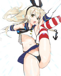 Rule 34 | 10s, 1girl, anchor, bad id, bad pixiv id, blonde hair, brown eyes, cameltoe, female focus, gloves, hair ornament, hairband, kantai collection, long hair, panties, ruuto (sorufu), sailor collar, shimakaze (kancolle), solo, spread legs, striped clothes, striped thighhighs, thighhighs, underwear