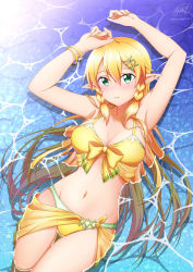 Rule 34 | 1girl, armpits, arms up, bikini, blonde hair, bow, bow bikini, bracelet, braid, breasts, cleavage, collarbone, from above, green eyes, hair between eyes, hair ornament, highres, jewelry, ken-ji, large breasts, leafa, long hair, looking at viewer, lying, multiple bracelets, nail polish, navel, on back, parted lips, partially submerged, pointy ears, sarong, signature, solo, swimsuit, sword art online, thighs, twin braids, twitter username, water, x hair ornament, yellow bikini, yellow nails