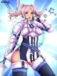 Rule 34 | 1girl, armor, armored dress, belt, blue panties, boots, breastplate, breasts, brown eyes, cynthia (fire emblem), dress, female focus, fire emblem, fire emblem awakening, fire emblem heroes, frilled panties, frills, garter straps, gauntlets, highres, holding, holding weapon, light brown hair, long hair, lumarianne20, nintendo, open mouth, panties, pauldrons, polearm, short dress, shoulder armor, spear, thick thighs, thigh boots, thighhighs, thighs, twintails, underwear, weapon, zettai ryouiki