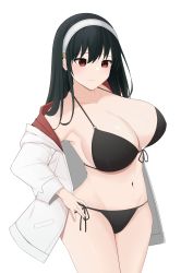 Rule 34 | 1girl, absurdres, bare shoulders, bikini, black bikini, black hair, breasts, charlotte171, commentary, cowboy shot, front-tie bikini top, front-tie top, hairband, highres, huge breasts, jacket, long hair, long sleeves, navel, off shoulder, open clothes, open jacket, red eyes, side-tie bikini bottom, simple background, solo, spy x family, standing, stomach, swimsuit, thighs, white background, white hairband, white jacket, yor briar