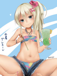 Rule 34 | 1girl, akino shuu, bikini, blonde hair, blue bikini, blue eyes, blue shorts, bow, closed mouth, collarbone, commentary request, cup, denim, denim shorts, drink, drinking glass, fingernails, grecale (kancolle), hair between eyes, hair bow, halterneck, heart, holding, holding cup, jewelry, kantai collection, long hair, multicolored bikini, multicolored clothes, nail polish, navel, necklace, one side up, pink bow, pink nails, short shorts, shorts, smile, solo, swimsuit, toenail polish, toenails, twitter username, wavy hair