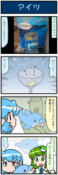 Rule 34 | 2girls, 4koma, artist self-insert, blue eyes, blue hair, coin, comic, commentary request, detached sleeves, dolphin, closed eyes, frog hair ornament, green eyes, green hair, hair ornament, hair tubes, heterochromia, highres, juliet sleeves, kairu the dolphin, kochiya sanae, long hair, long sleeves, mizuki hitoshi, multiple girls, nontraditional miko, open mouth, puffy sleeves, red eyes, short hair, smile, snake hair ornament, stuffed animal, stuffed toy, sweatdrop, tatara kogasa, touhou, translation request, vest