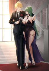 Rule 34 | 1boy, 1girl, absurdres, arm around shoulder, azur lane, black dress, blonde hair, breasts, champagne flute, cleavage, commission, cup, dress, drinking glass, evening gown, formal, full body, green hair, high heels, highres, indoors, irkawaza, large breasts, littorio (azur lane), littorio (calabria aurea) (azur lane), long hair, looking at another, necktie, official alternate costume, stairs, strappy heels, suit, wine glass