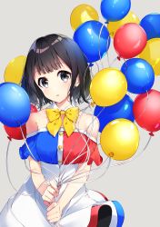 Rule 34 | 1girl, absurdres, balloon, bare shoulders, black eyes, black hair, blue dress, bon (bonbon315), bow, breasts, collarbone, commentary request, dress, highres, holding, holding balloon, medium breasts, multicolored clothes, multicolored dress, original, parted lips, red dress, short hair, short sleeves, solo, strapless, strapless dress, white dress, yellow bow, yellow neckwear