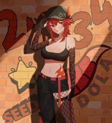 Rule 34 | 1girl, arm at side, asymmetrical clothes, bare shoulders, baseball cap, belt, black hat, black pants, breasts, brick wall, camisole, character name, cleavage, crop top, dola (nijisanji), english text, fang, feet out of frame, fishnet pantyhose, fishnets, graffiti, hand on headwear, hat, highres, horns, kuroko1604, large breasts, long hair, looking at viewer, midriff, navel, nijisanji, open mouth, pants, pantyhose, red eyes, red hair, scales, single pantsleg, solo, standing, tattoo, virtual youtuber