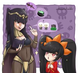 Rule 34 | + +, 1boy, 3girls, :o, ashley (warioware), black hair, blunt bangs, bodystocking, bodysuit, book, breasts, bridal gauntlets, cape, cauldron, chibi, chibi inset, cleavage, covered navel, crossover, cslucaris, dress, dual persona, excited, fire emblem, fire emblem awakening, lizard, long hair, looking at another, multiple girls, nintendo, open book, open mouth, peeking out, pointing, pointing up, purple eyes, red eyes, robin (female) (fire emblem), robin (fire emblem), robin (male) (fire emblem), stalking, talking, tharja (fire emblem), tiara, trait connection, twintails, two side up, warioware